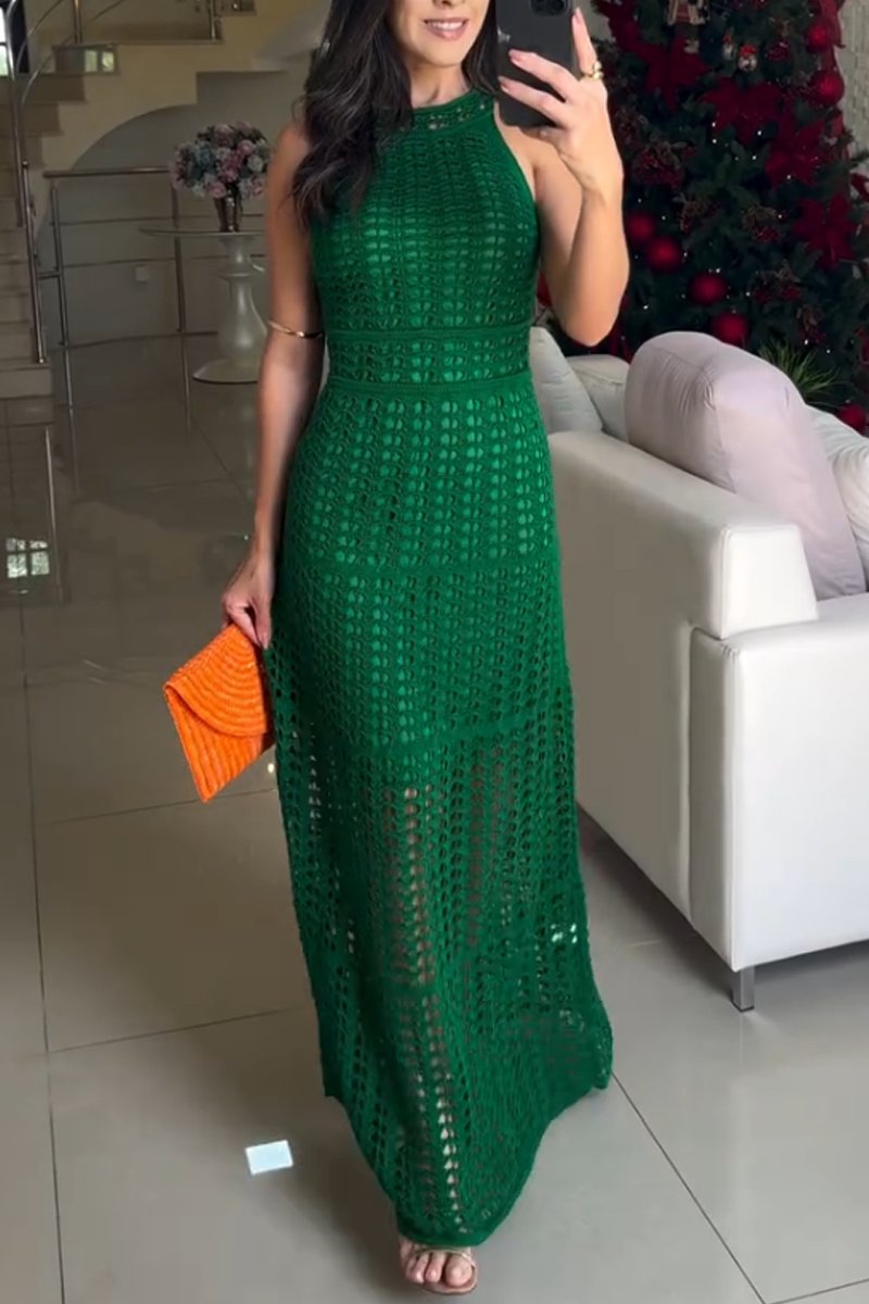 Women's Elegant Halter Neck Hollow Knitted Resort Dress