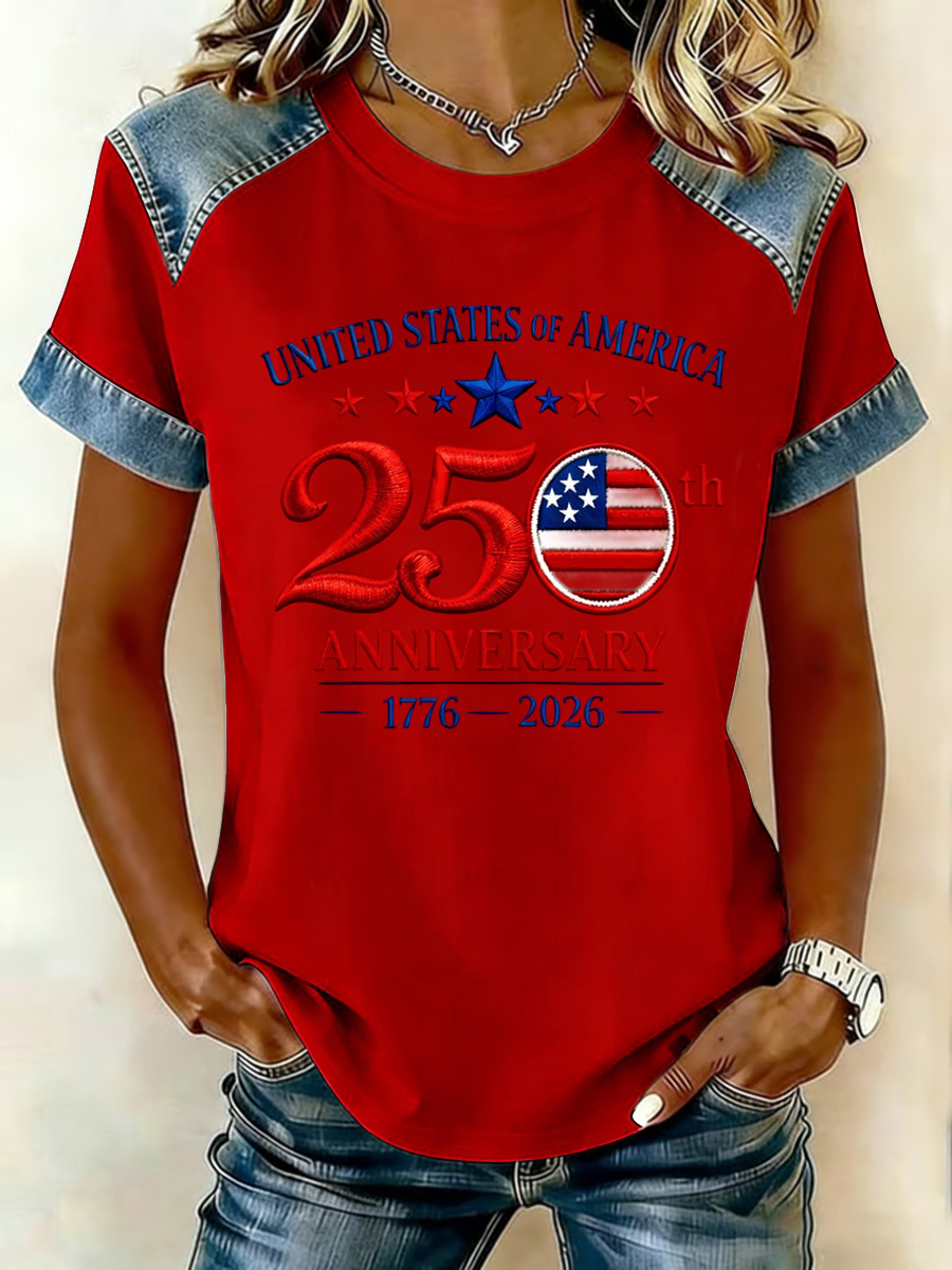 250Th Anniversary Embroidered T-Shirt For American Cowboy Shoulders