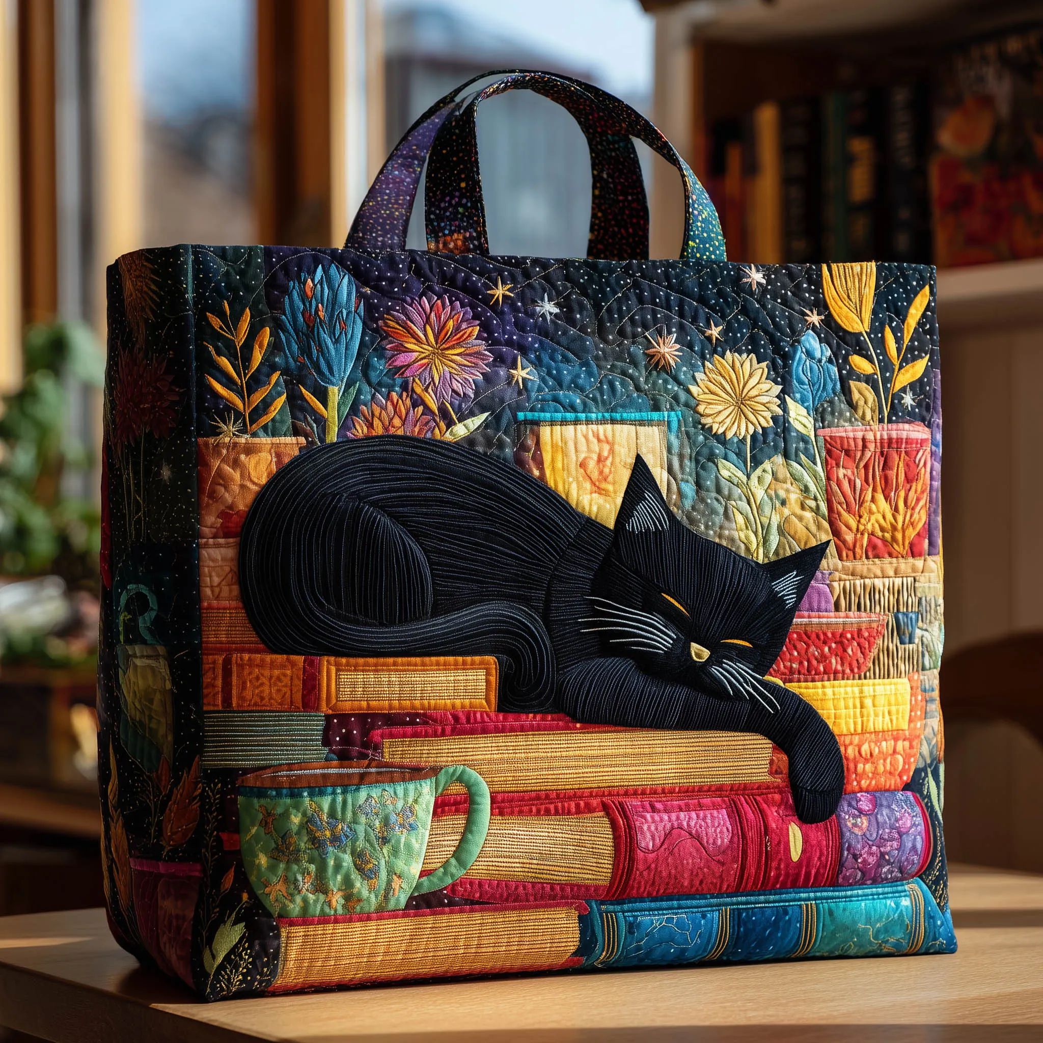 Whimsical Quilted Cat Tote Bag – Colorful Artistic Handcrafted Style for Cat Lovers 🐱🎨