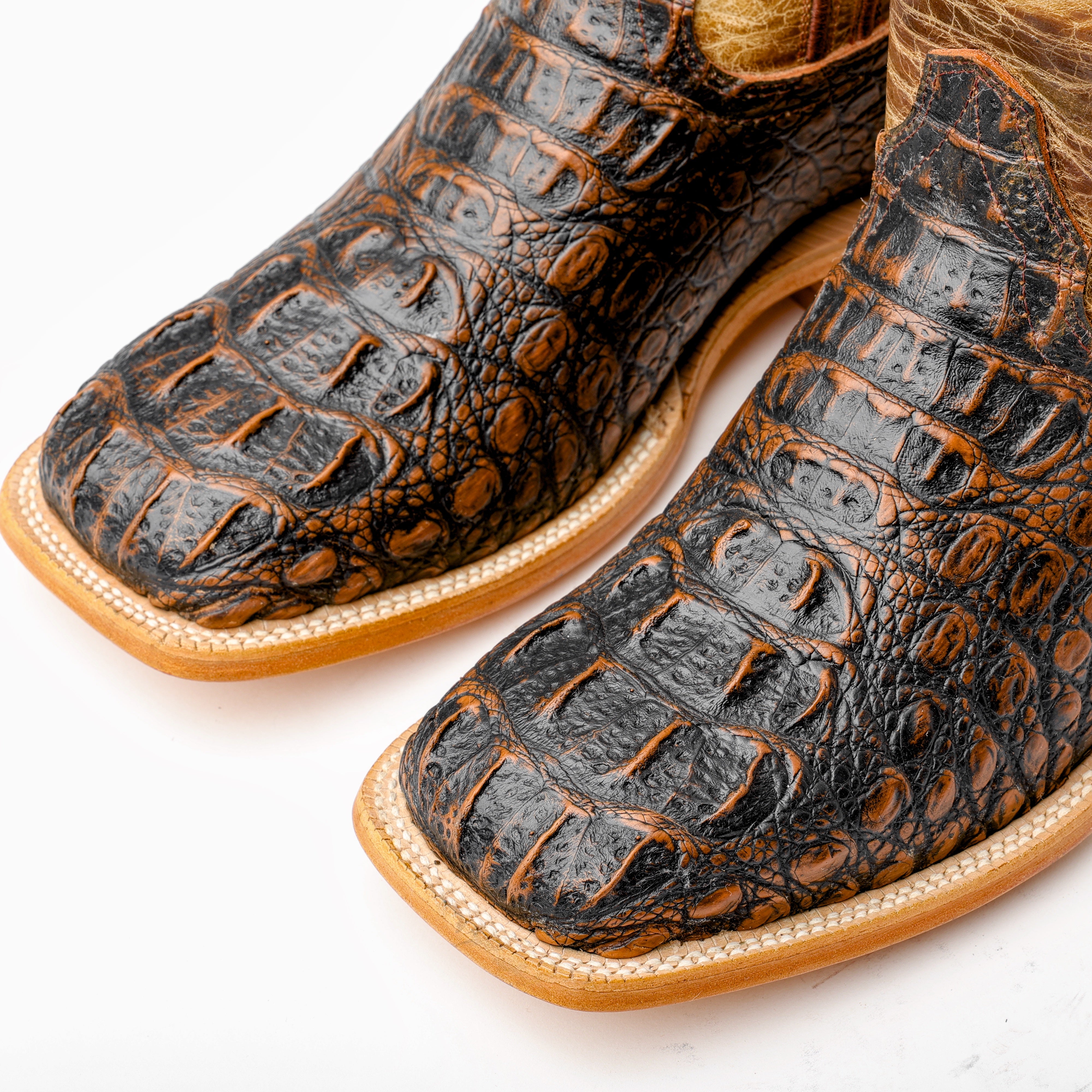 Rustic Honey Caiman Neck Leather Boots - Square Toe