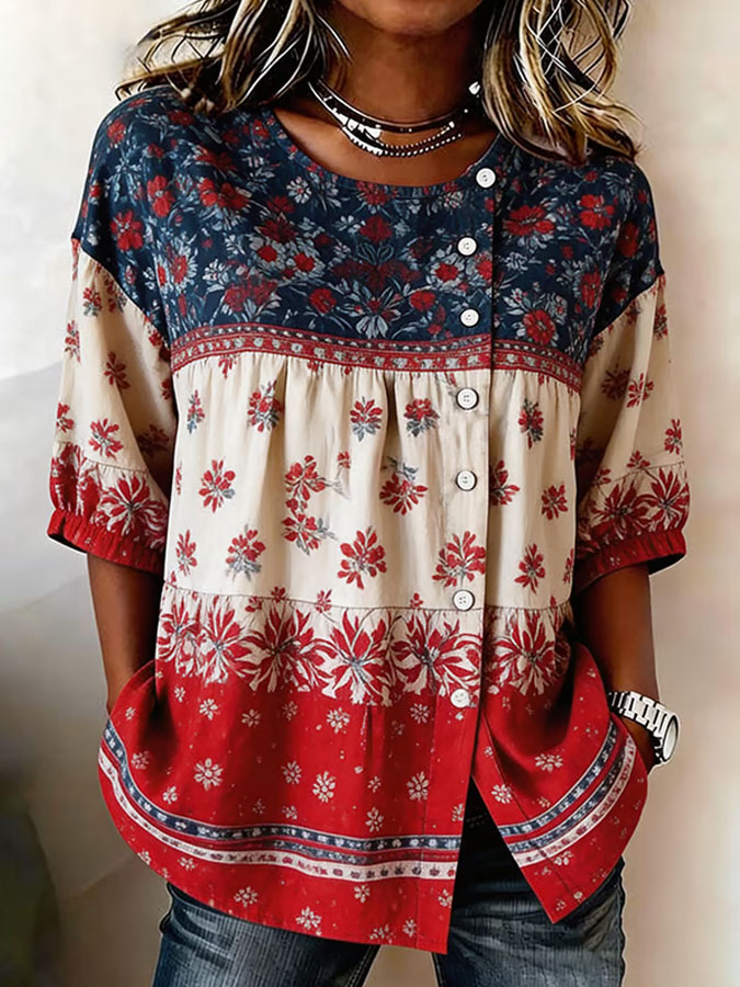 Women'S Independence Day 250Th Anniversary Flower Art Printed Casual Shirt