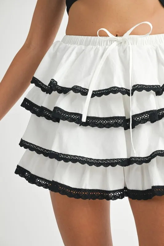 Poplin Ruffle Layered Contract Lace Trim Mini Skirt