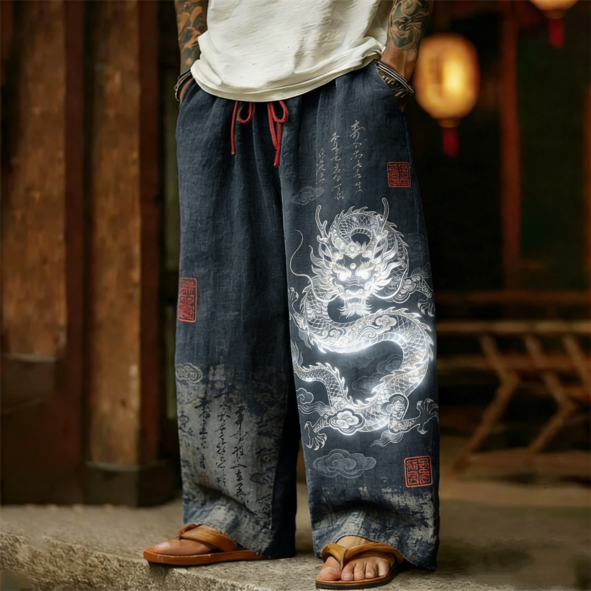 Men's Retro Calligraphy With Dragon Art Linen Pants