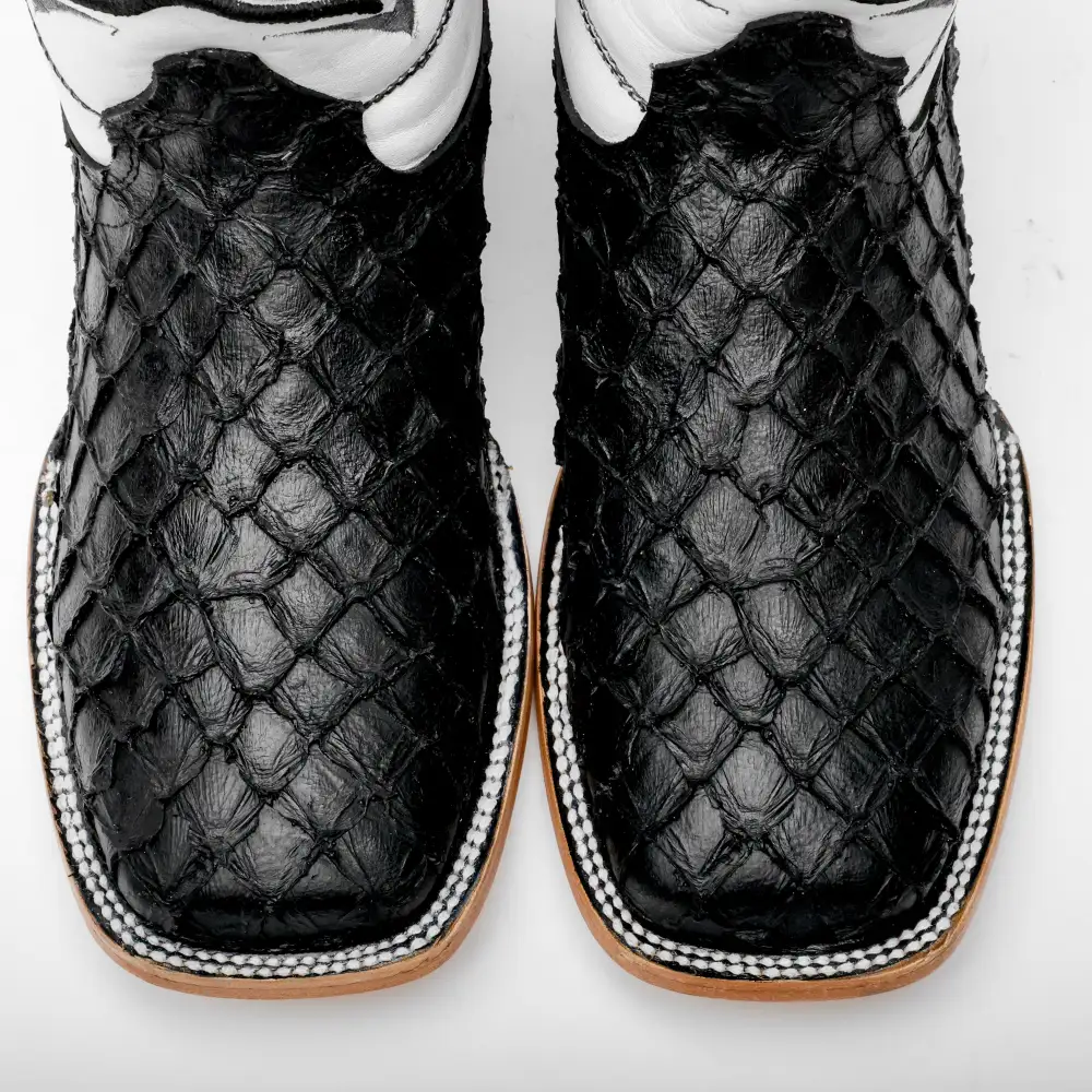 Black Mini Pirarucu Leather Boots - Square Toe