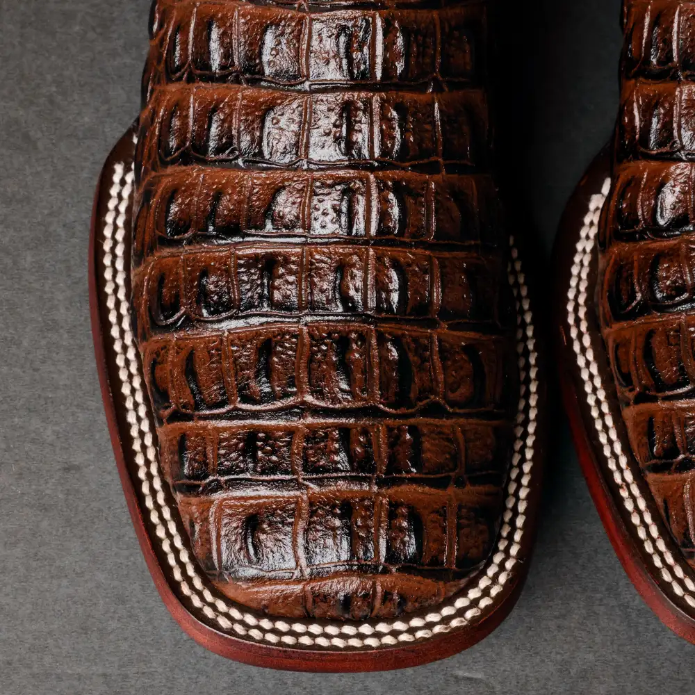 Brown Caiman Hornback Leather Boots - Square Toe