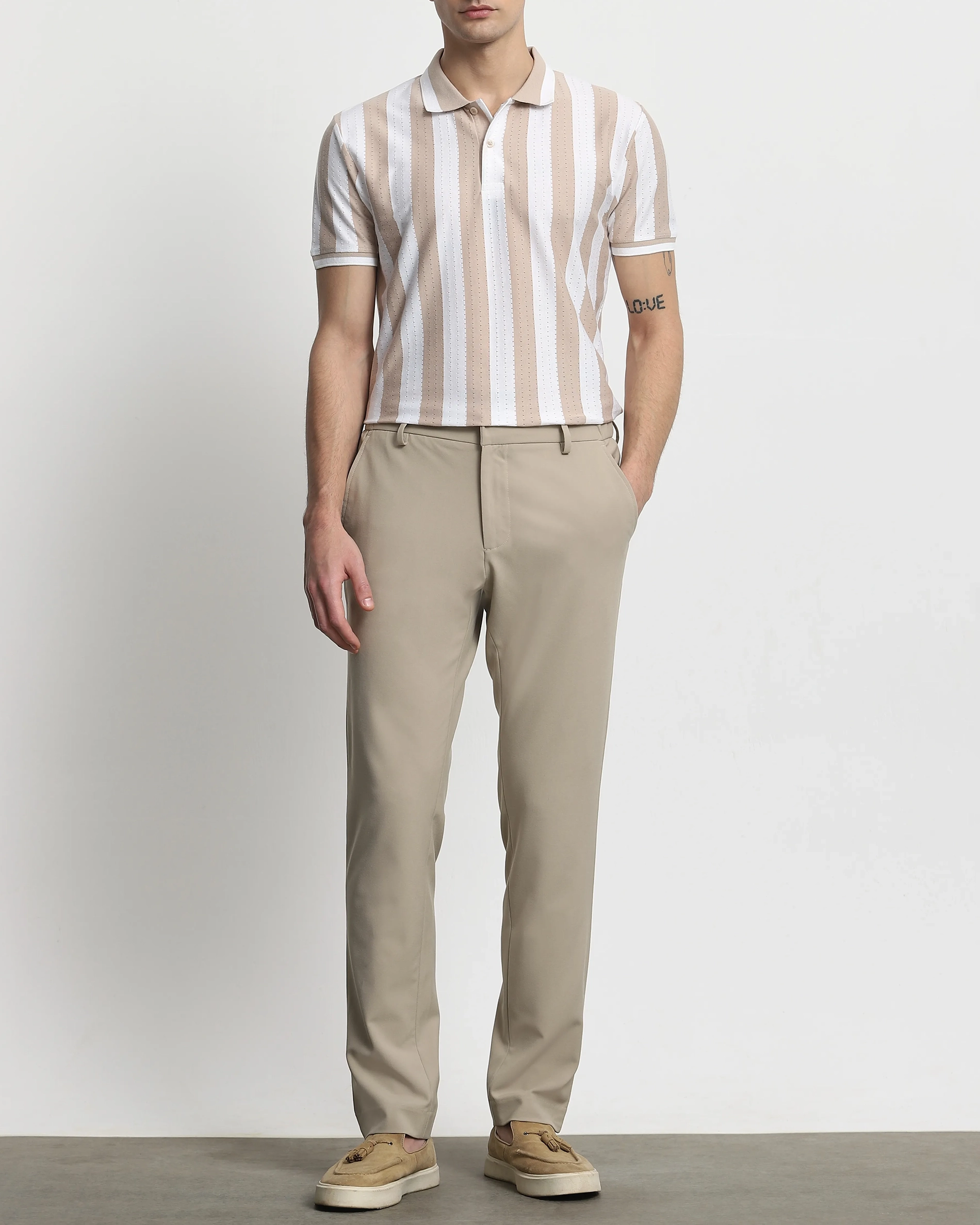 Daily Simple And Slimming Beige Striped Textured Polo Shirt