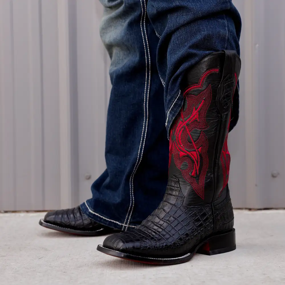 Black Caiman Belly Leather Boots -Square Toe