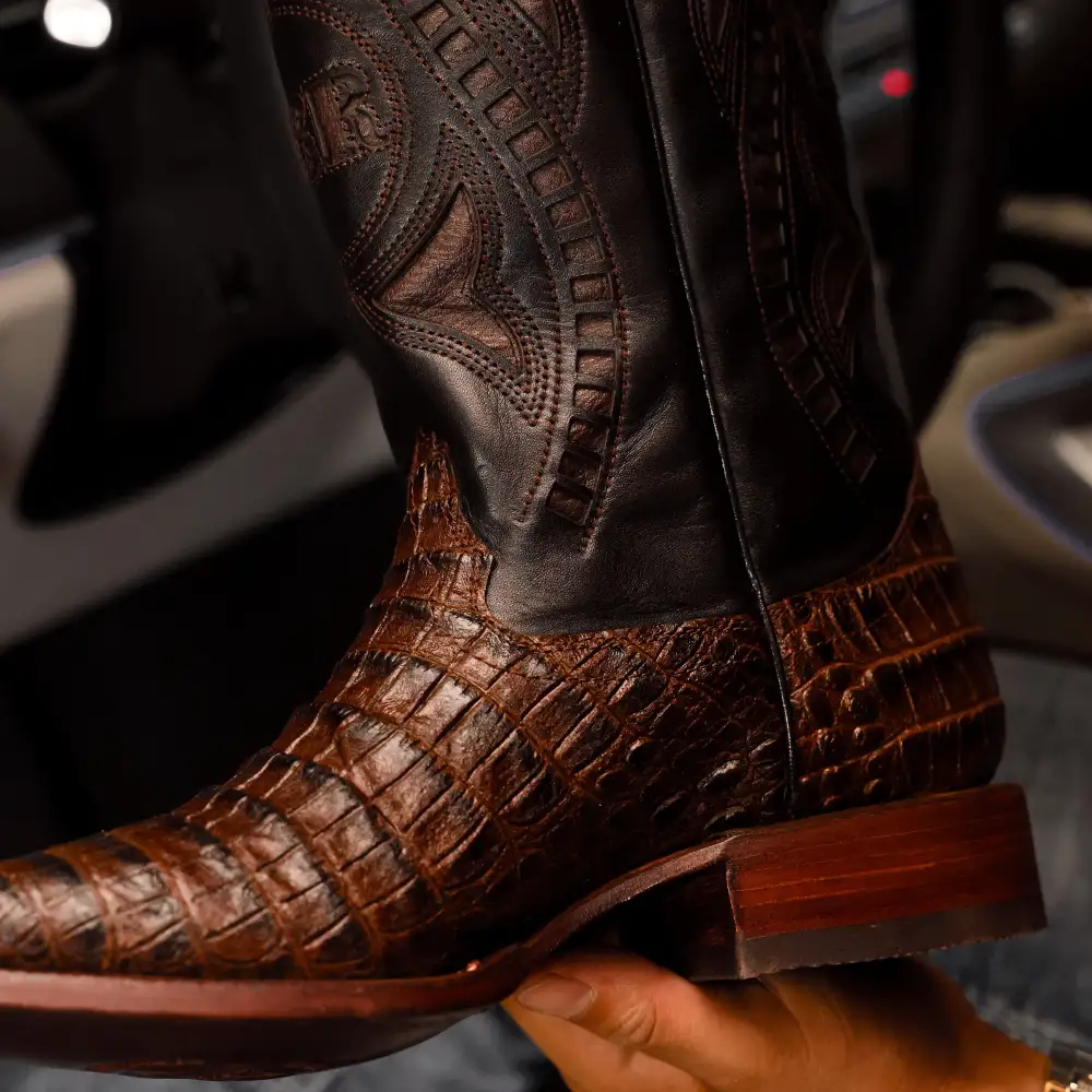 Chocolate Brown Caiman Belly Leather Boots - Square Toe