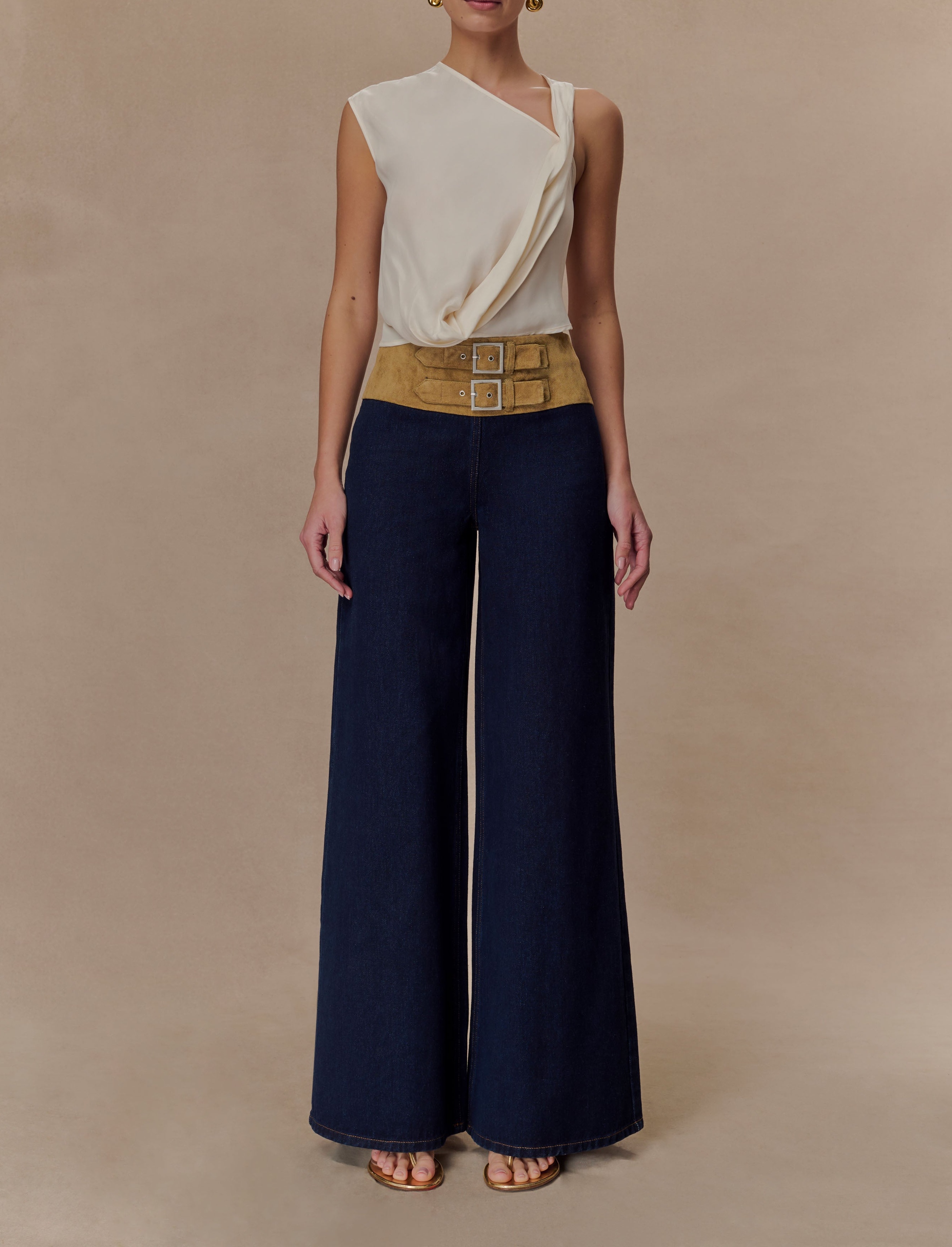 Blue Faux Suede Belted Denim Wide Leg Jeans
