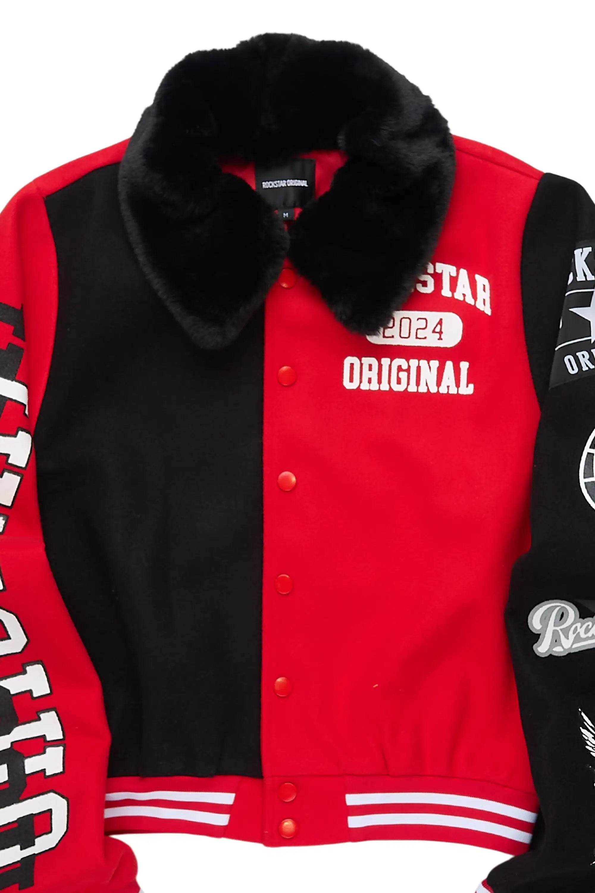 Kisha Black/Red/White Fur Collar Varsity Jacket