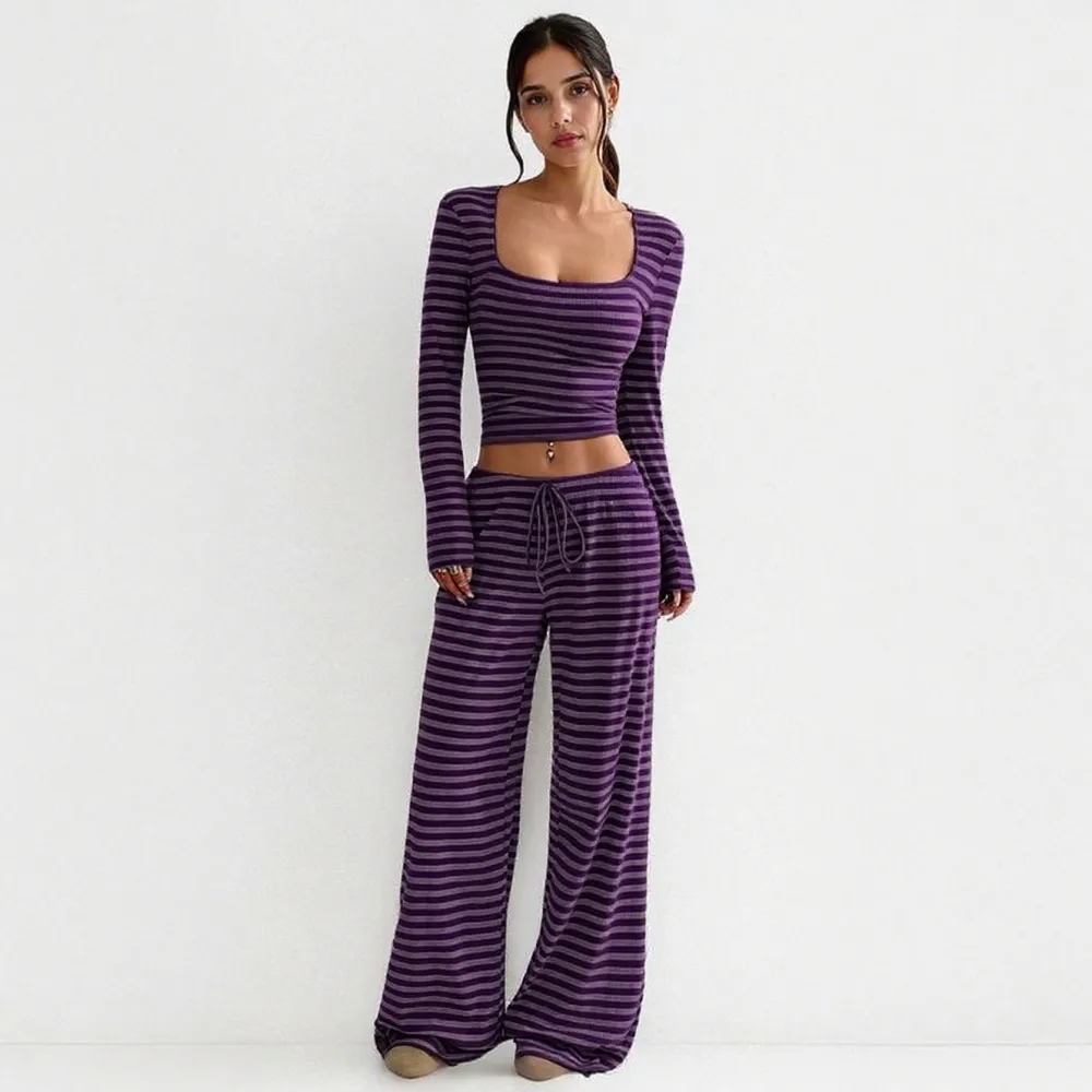 Women's Stripe Square Neck Long Sleeve Crop Top & Wide Leg Trousers Set
