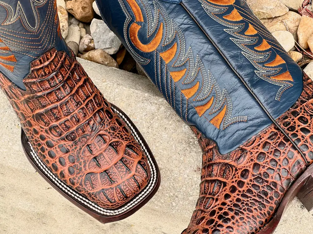 Mens Cognac Crocodile Leather Boots With Blue Shaft