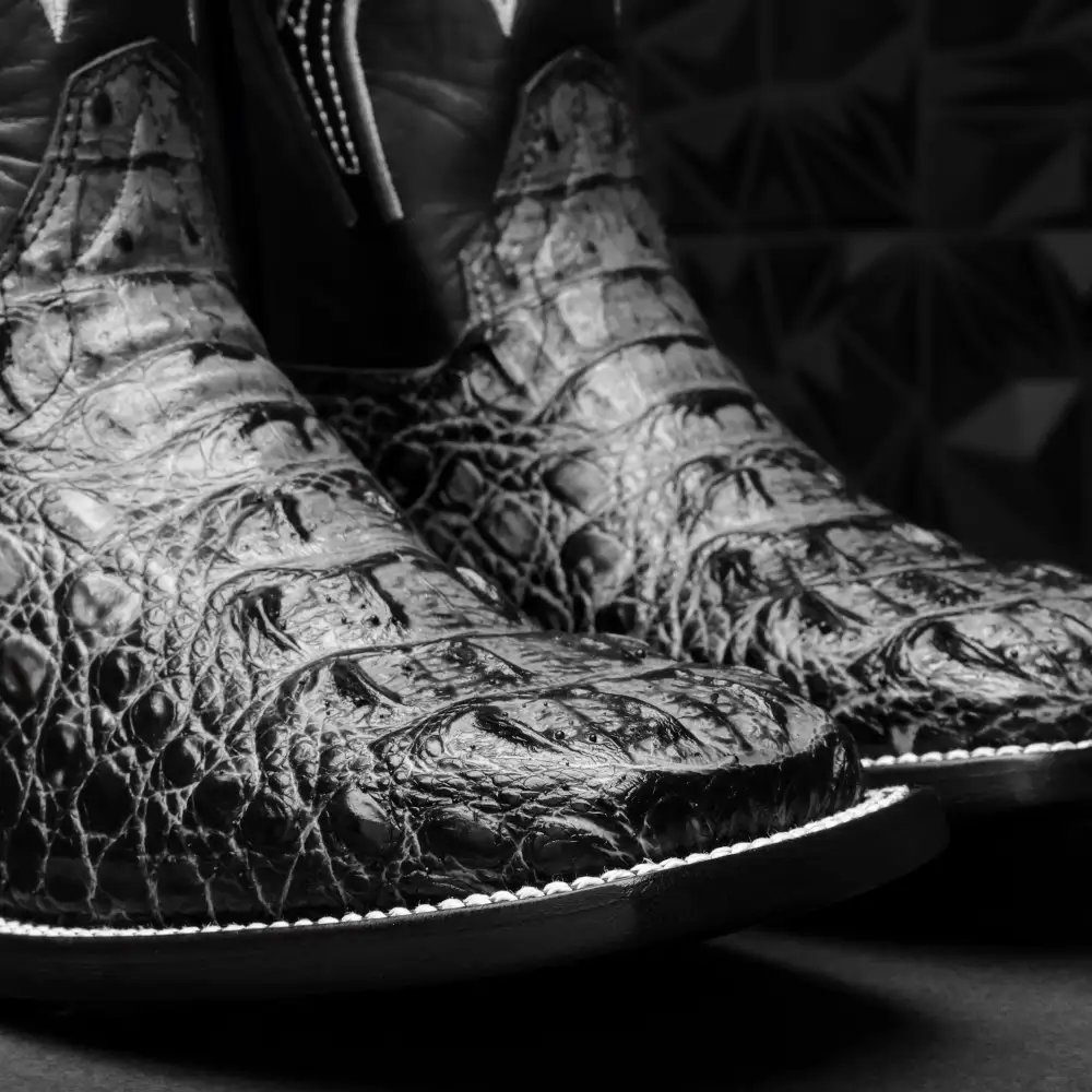 Grey Caiman Neck Leather Boots - Square Toe