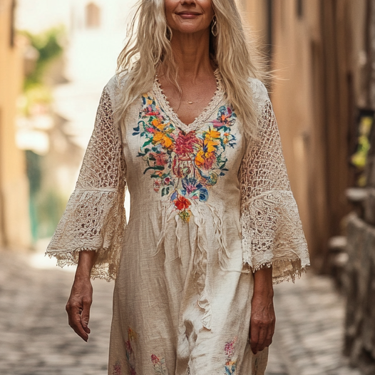 Vintage Loose Linen Patchwork Dress 4d50