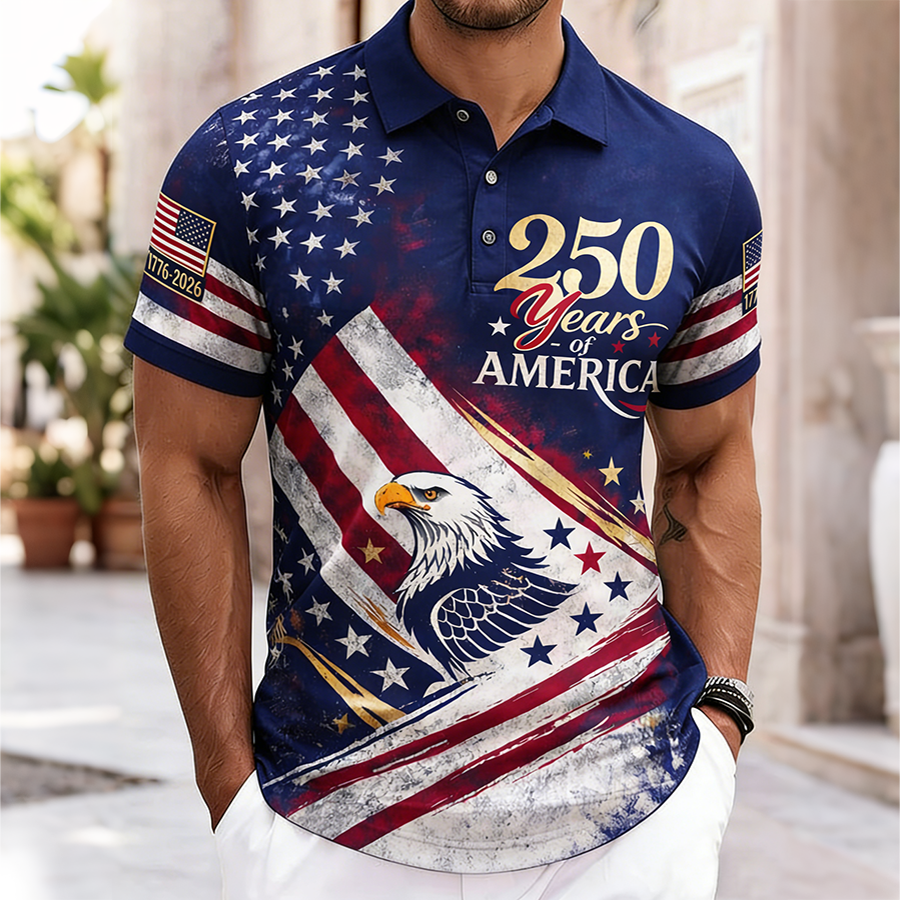 Men'S Casual American Pentagram Flag Eagle Personalized Print Lapel Polo Shirt