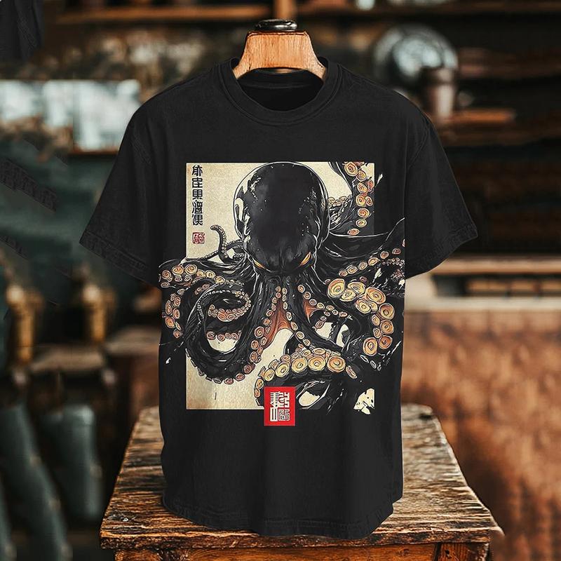 Men's Dark Octopus Japanese Art Print T-shirt