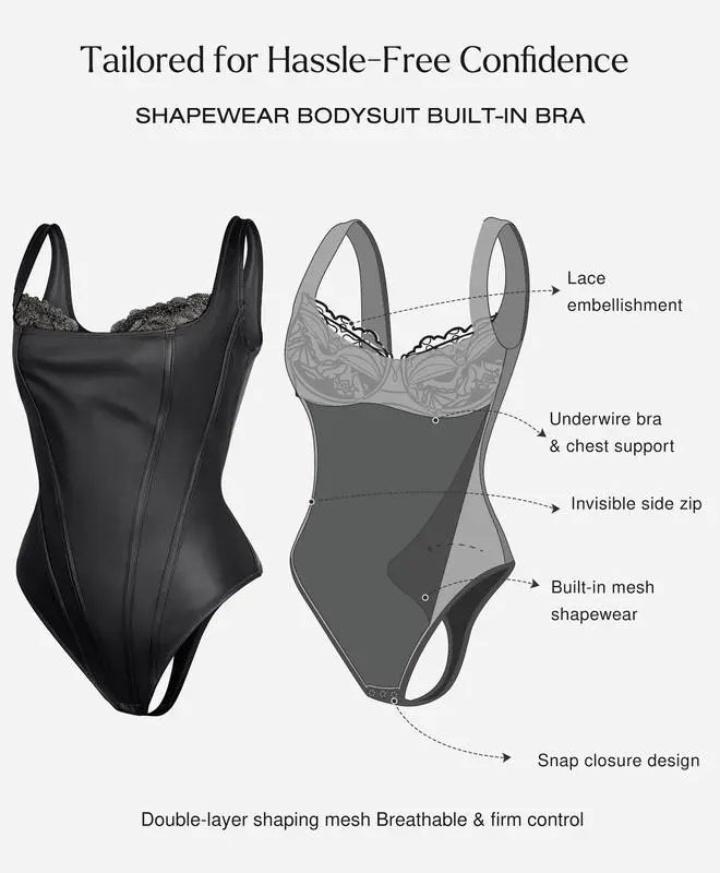 Leather Corset Top bodysuit Lace Trim Shapewear Tummy Control Bustier