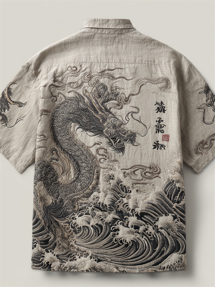 Japanese Dragon Sea Waves Ink Art Embroidered Linen Shirt