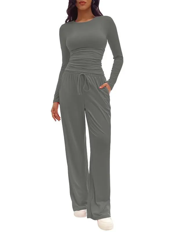 Women's Solid Ruched Tee & Drawstring Pocket Pants Lounge Set