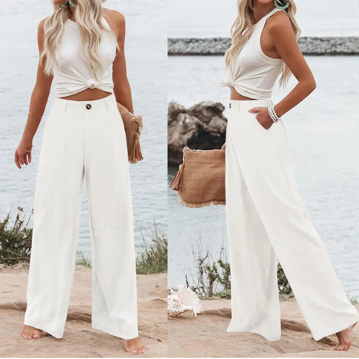 Kingapril Womens Cotton Linen Pants Casual Button Up High Waisted Wide Leg Trousers