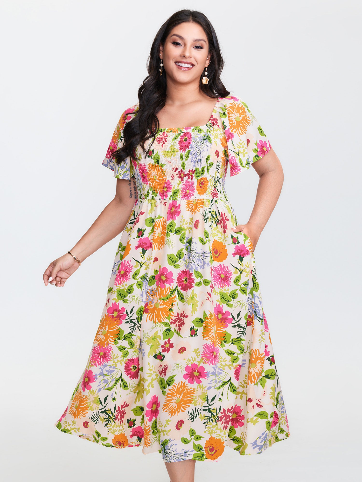 Floral Shirred Square Neck Pocket Midi Dress