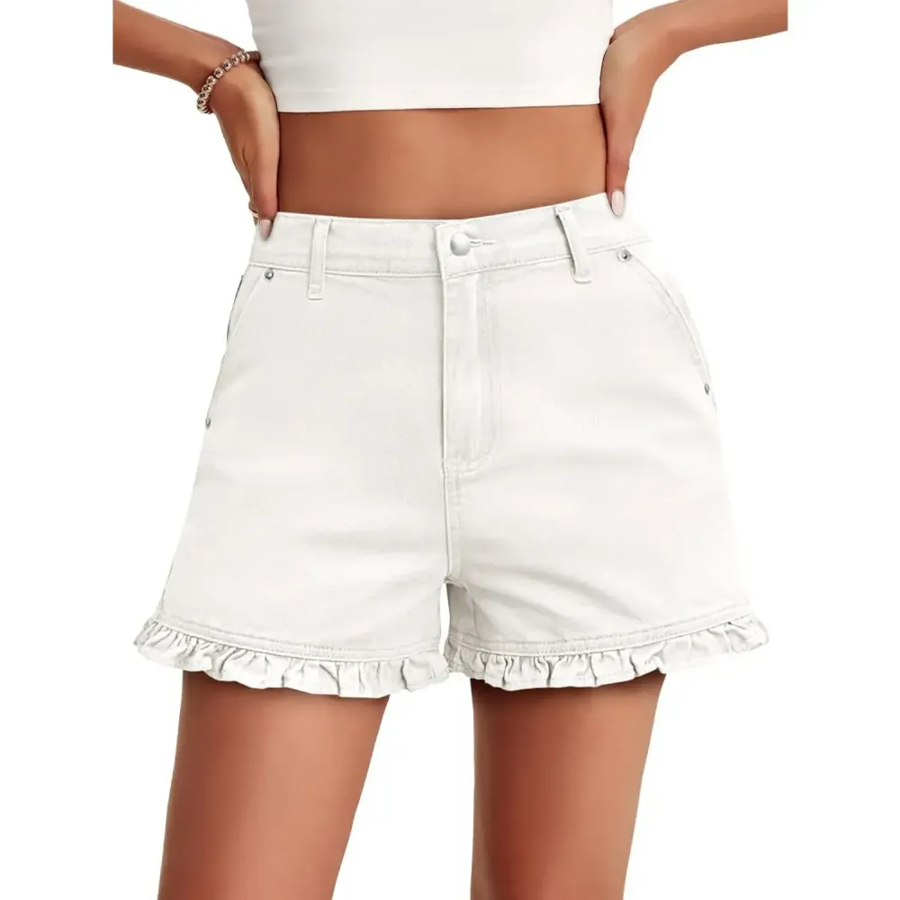 Womens Summer Ruffle Denim Shorts Cute High Waisted Cotton Short Jeans with Pockets