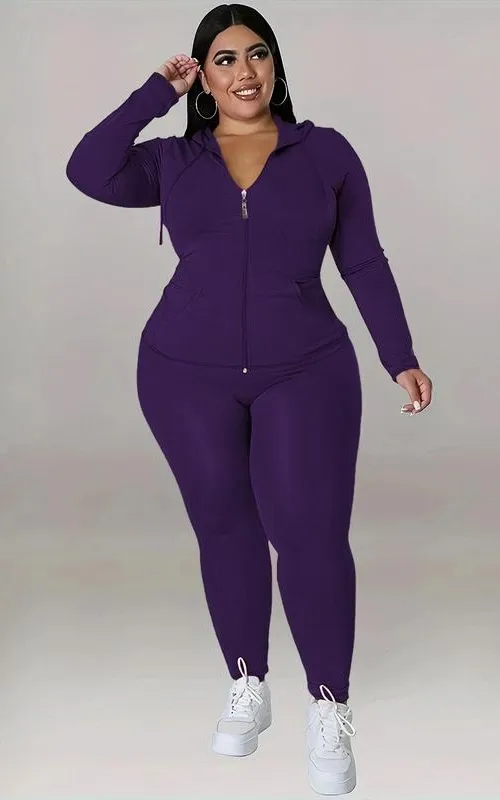 Plus Size Solid Zip Up Hooded Top & Skinny Pants Set