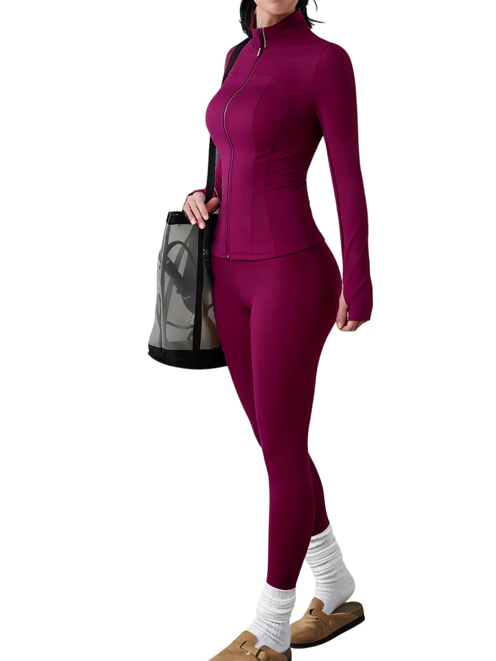 Women's Solid Zip Up Jacket & High Waist Leggings Tracksuit Set
