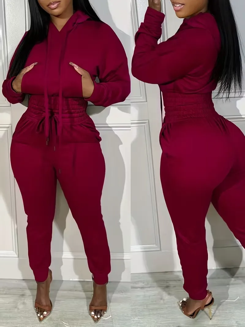 Womens 2 Piece Outfits Lounge Hoodie Shirred Waist Pocket Design Sweatshirt