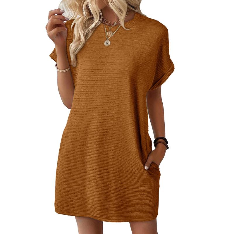 Women’s Casual Mini Dress – Lightweight Stretchy Short Sleeve Crewneck Dress for Summer & Beach Outfits