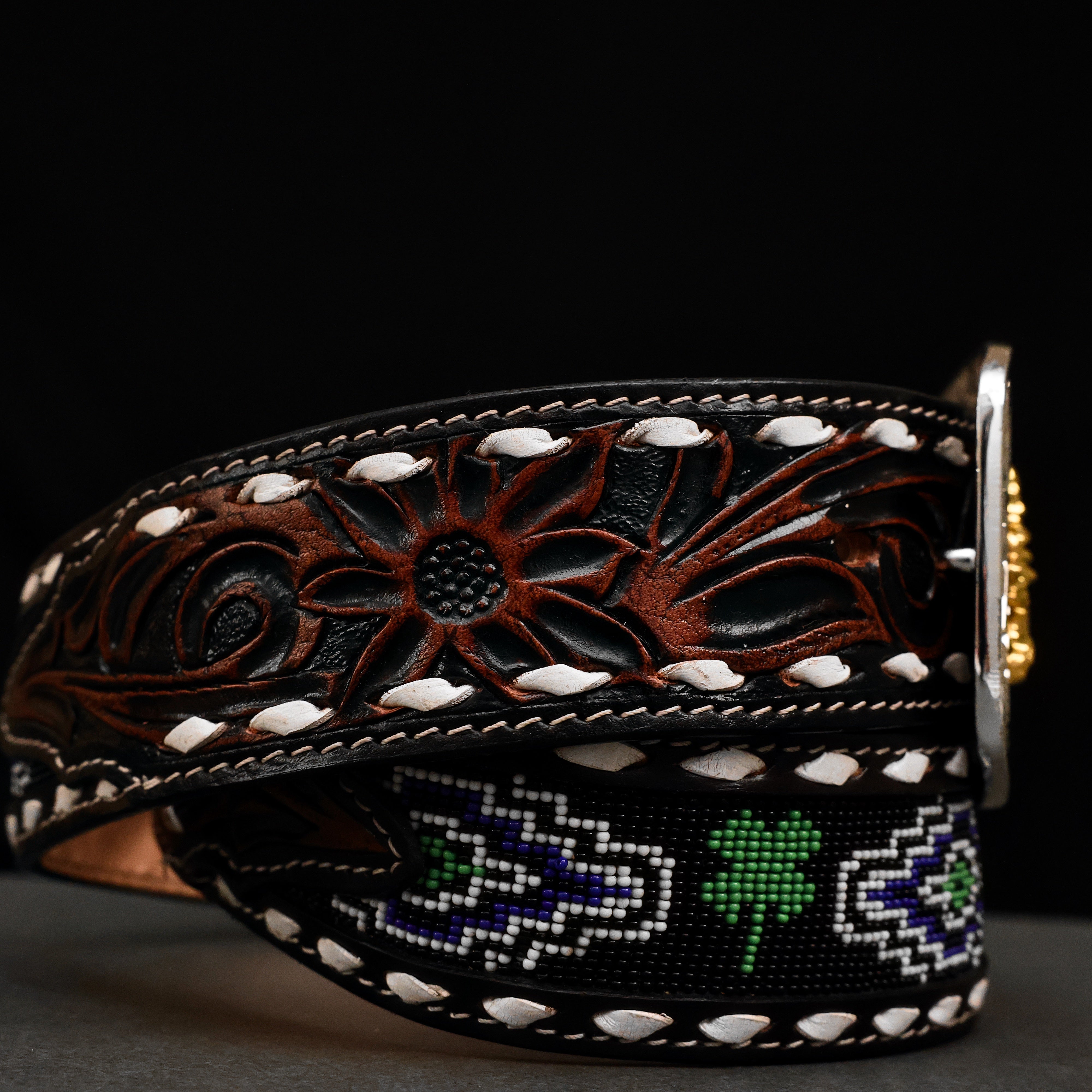 2 Inch Hand-Tooled Artesanal Beaded Leather Belt