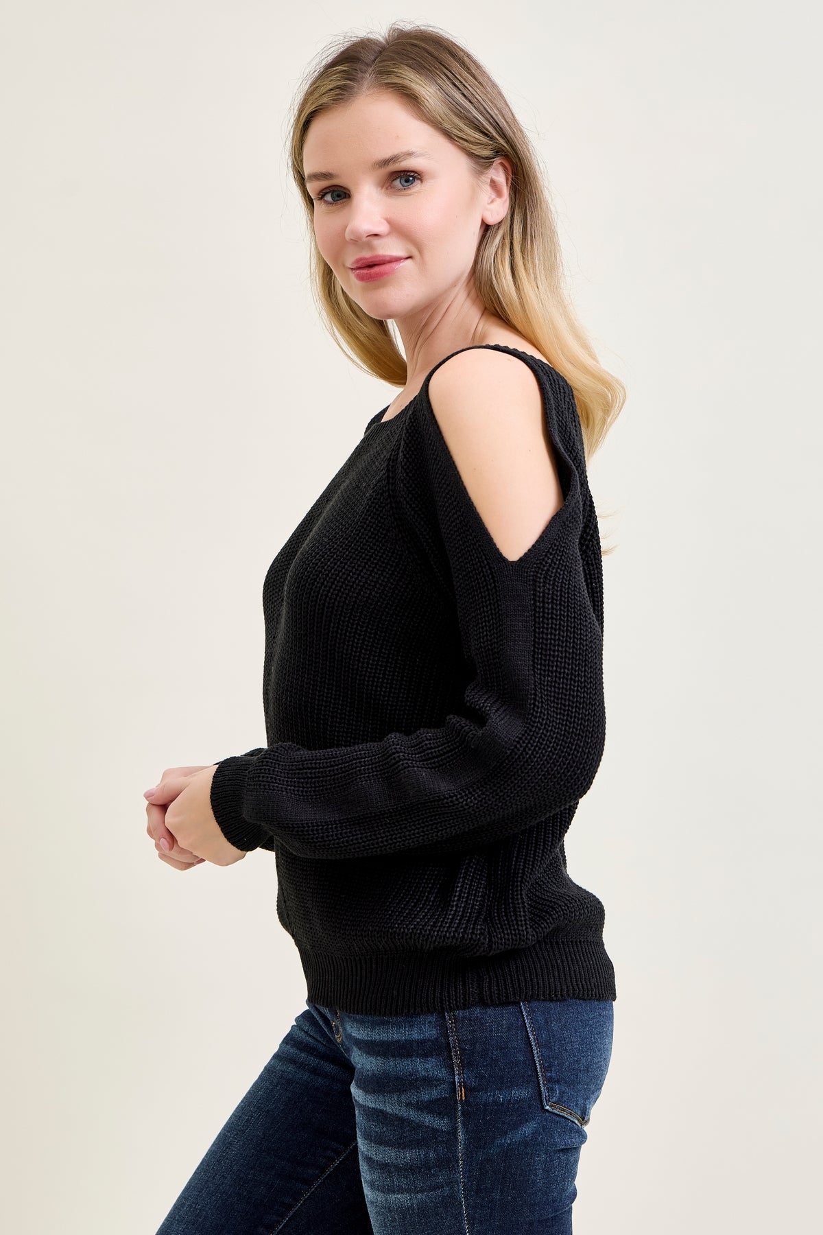 Chevron Stitch Cold Shoulder Black Sweater