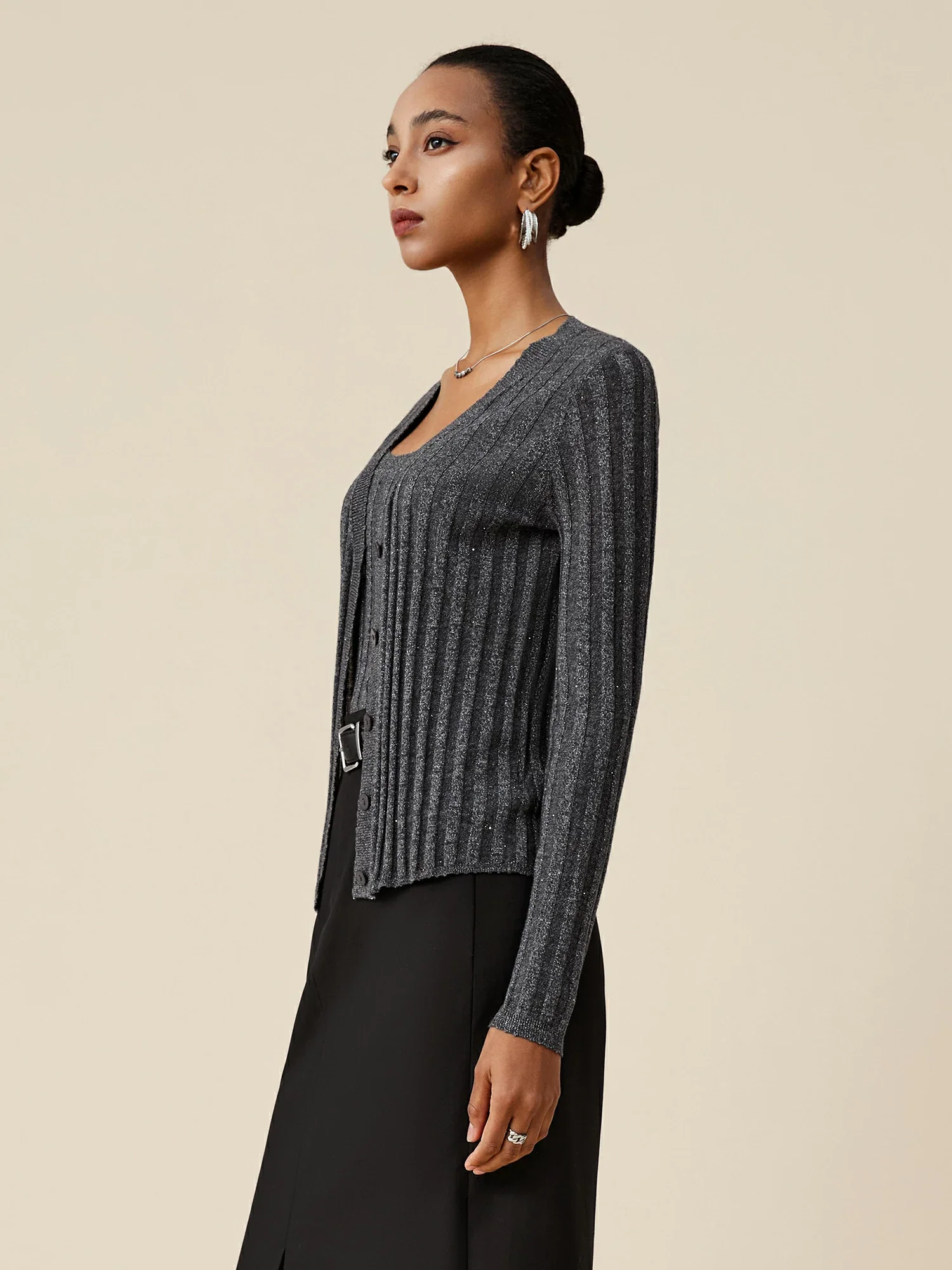 Wool V-Neck Long-Sleeved Sequin Knitted Cardigan