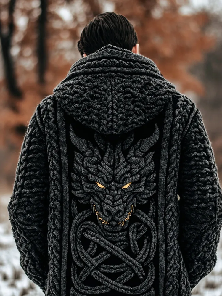 Men's Viking Inspired Celtic Dragon Chunky Sweater Cardigan