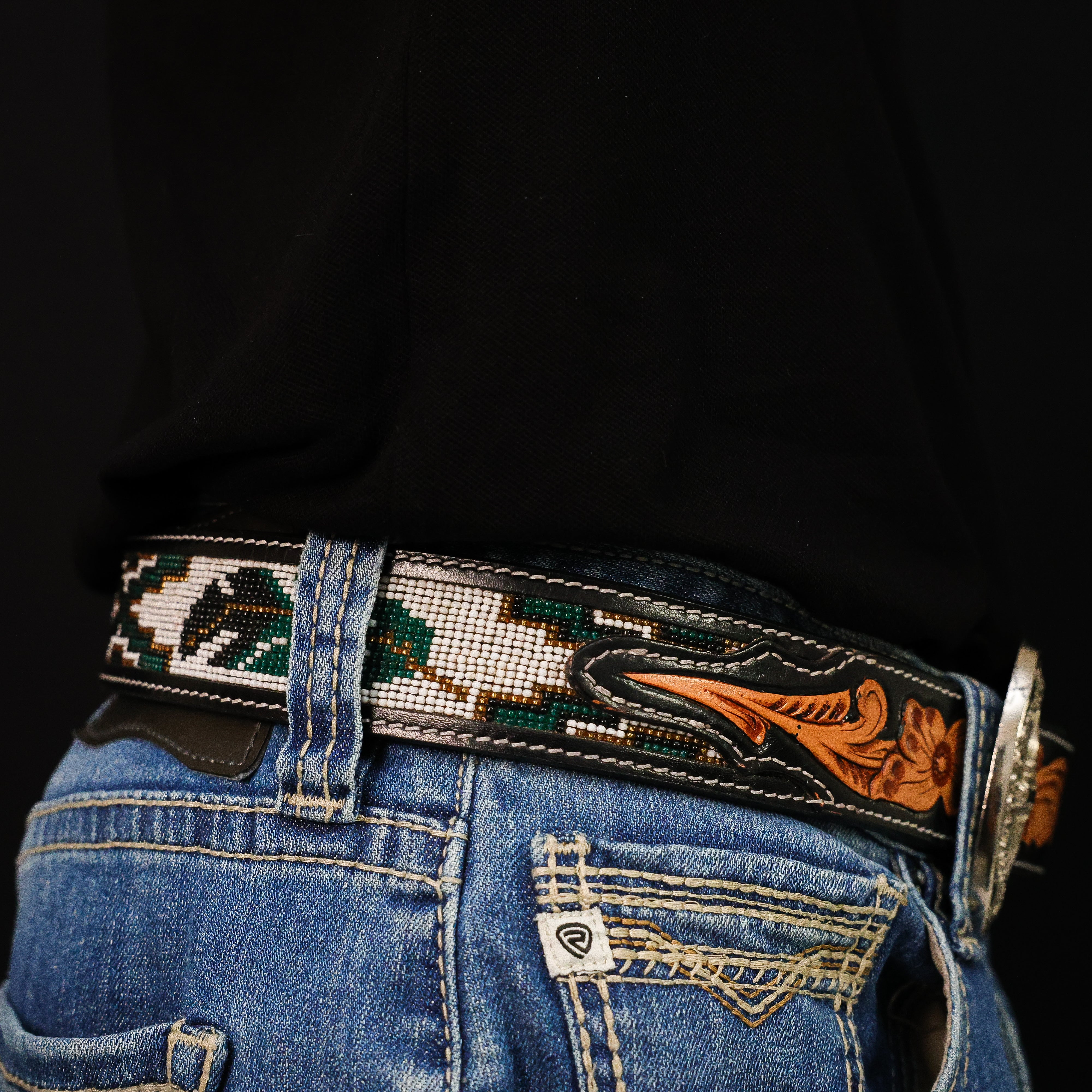 Hand-Tooled Artesanal Beaded Leather Belt