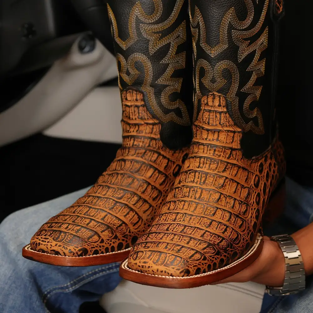Honey Caiman Back Leather Boots — Square Toe