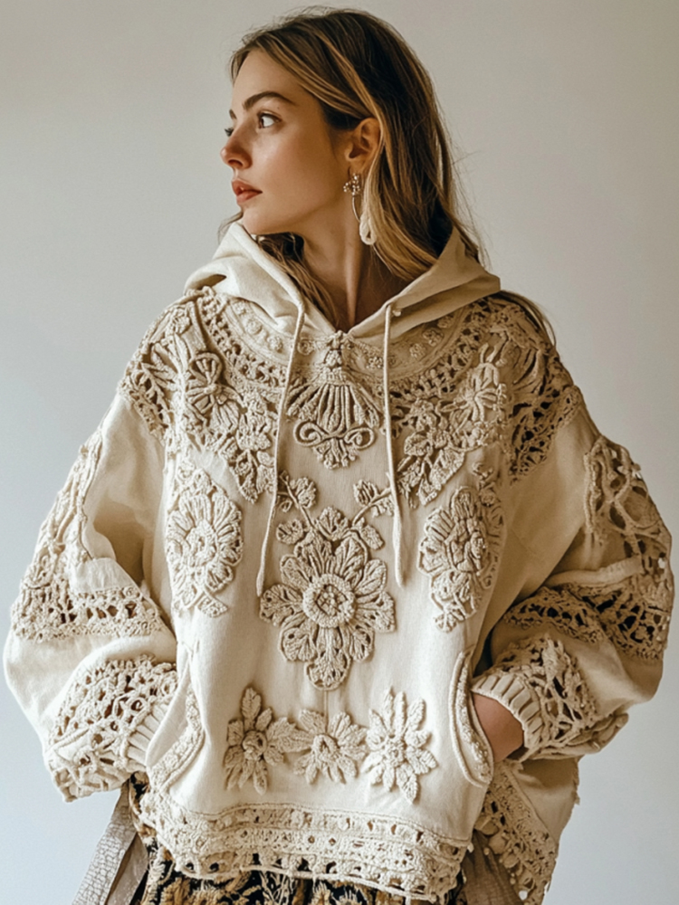 Women's Floral Embroidery Art Casual Cozy Hoodie