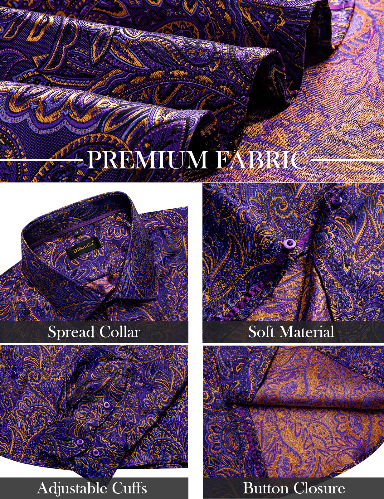 Men's Paisley Dress Shirt Long Sleeve Wrinkle Free Button Down Cowboy Shirts - Purple&gold&paisley