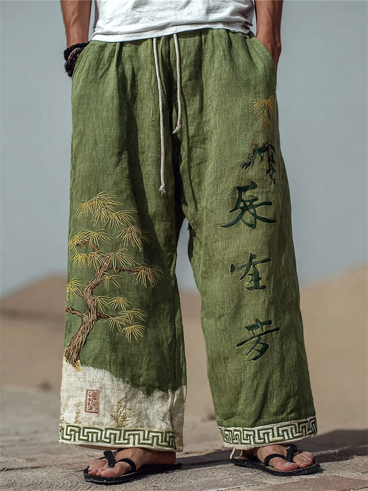 Men's Japanese Pine Tree Calligraphy Bleached Linen Pants