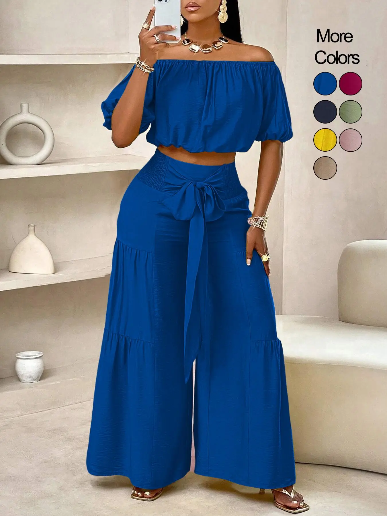 Summer Beach Vacation Bow Shoulderless Round Neck Shirt Wide Leg Pants Set