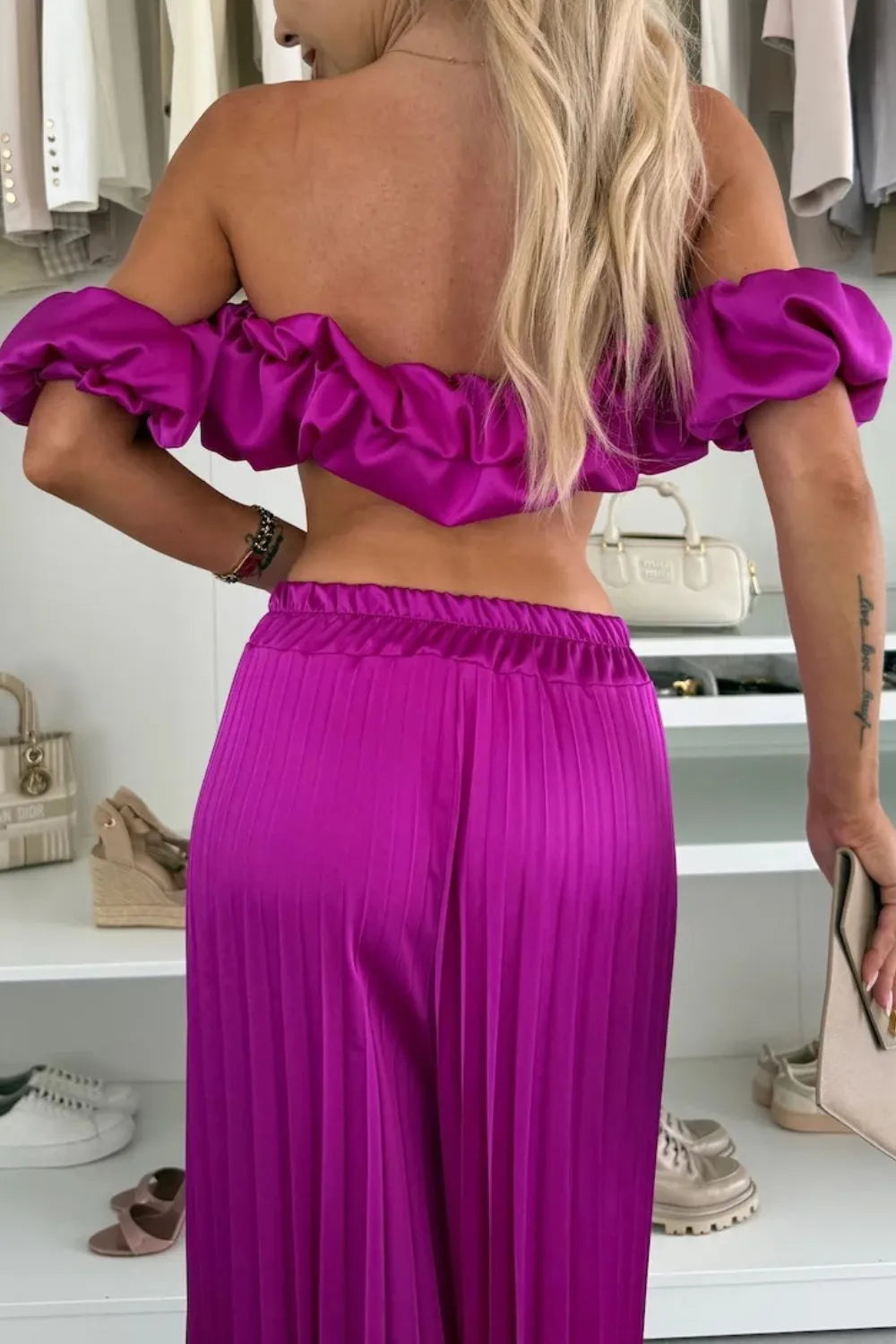 Off-Shoulder Top and Pleated Pants Set