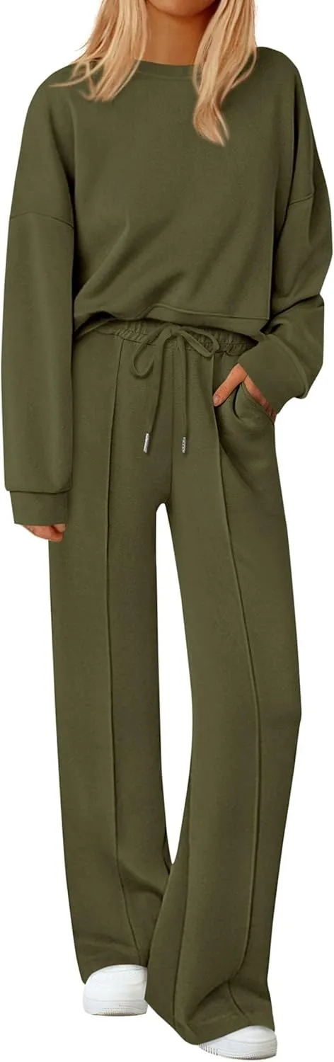 2 Piece Sets For Women Fall Trendy Long Sleeve Sweatshirt Wide Leg Pants Loungewear Set