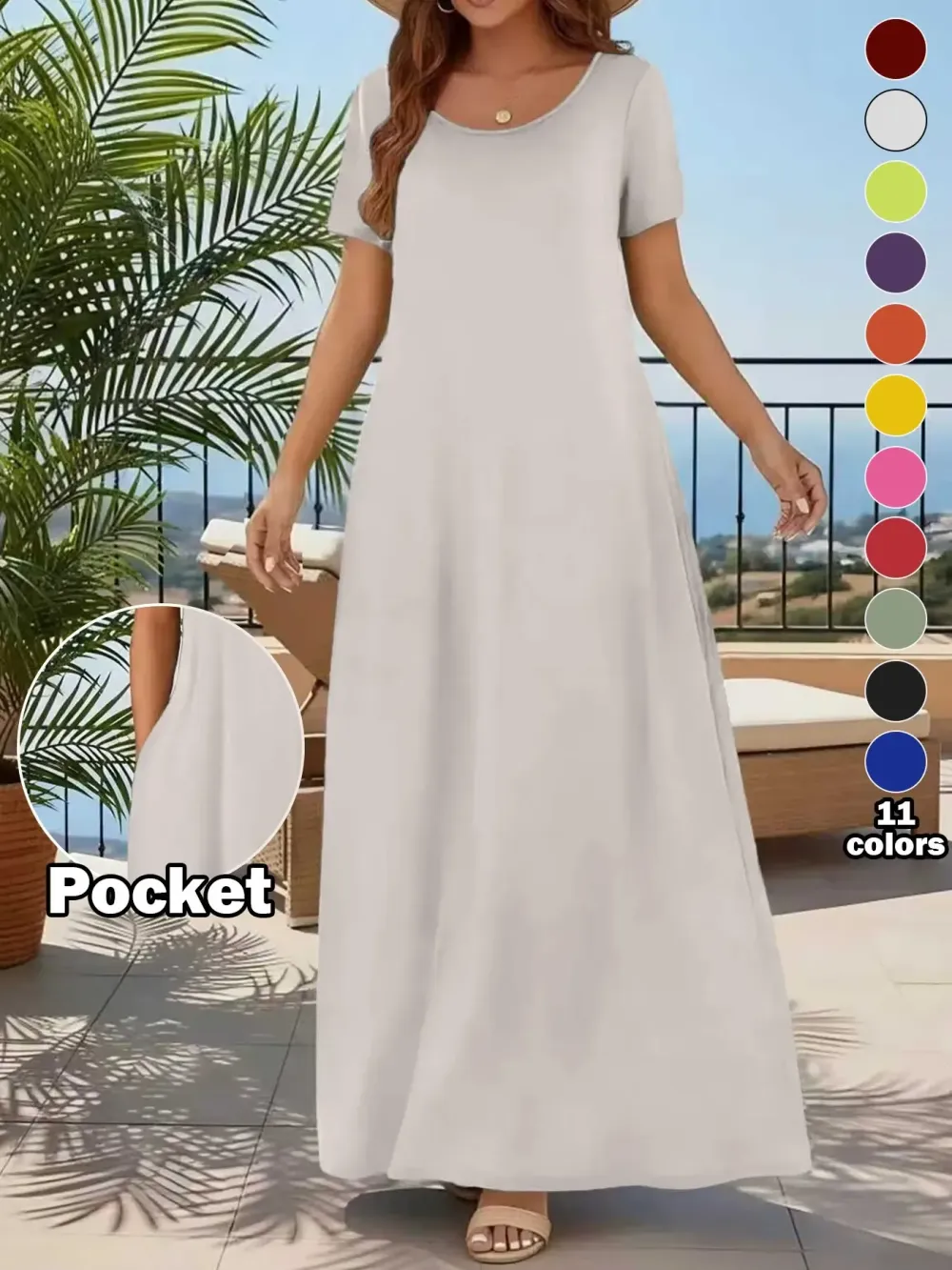 Women's Casual Commuter Plain Minimalist Short Sleeve Dress with Pockets, Loose Fit Summer & Fall, Essential Beachwear