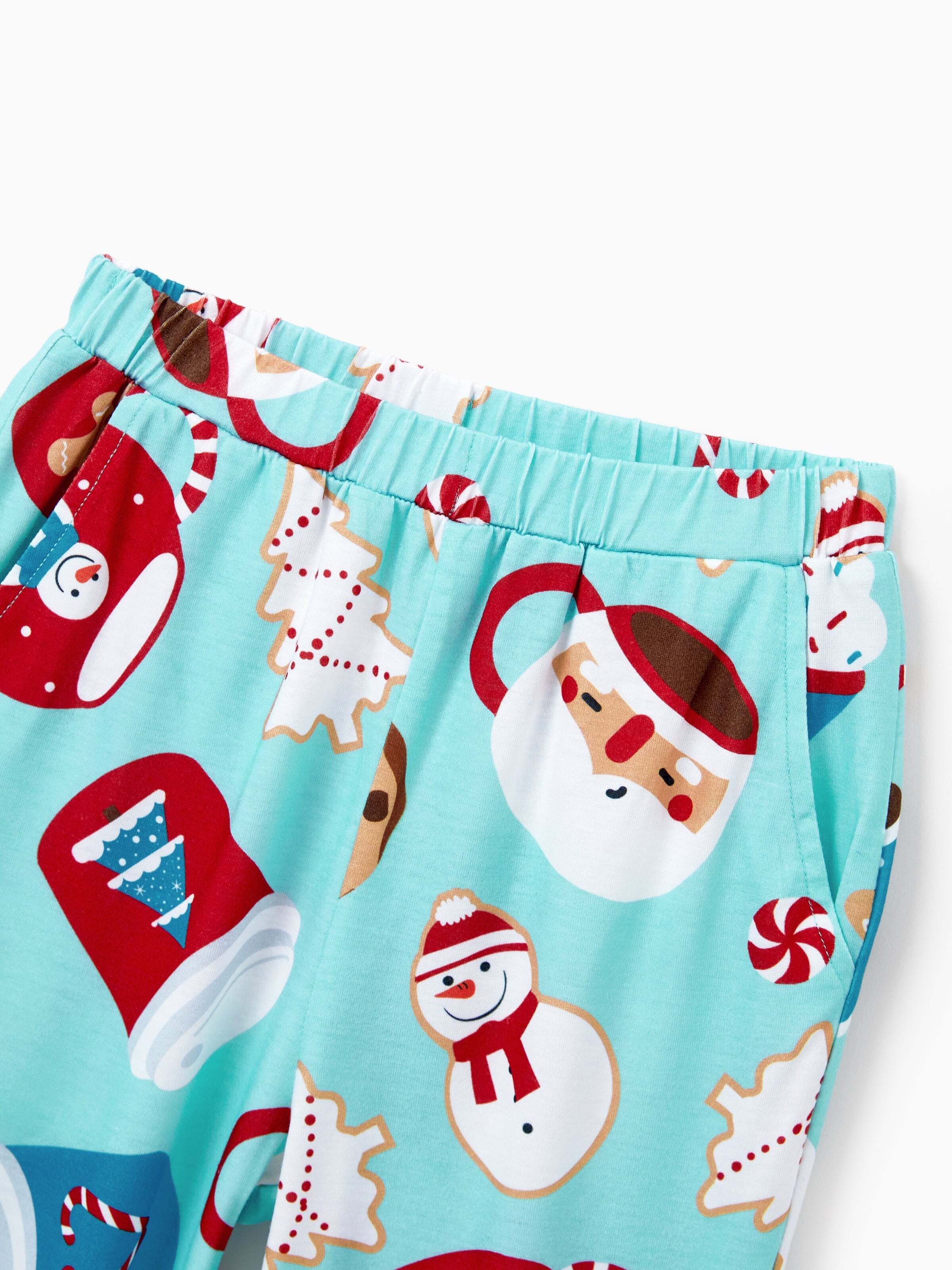 Christmas Matching Family Pajamas Set Gingerbread Print Blue and Red PJS with Christmas Socks Light Blue