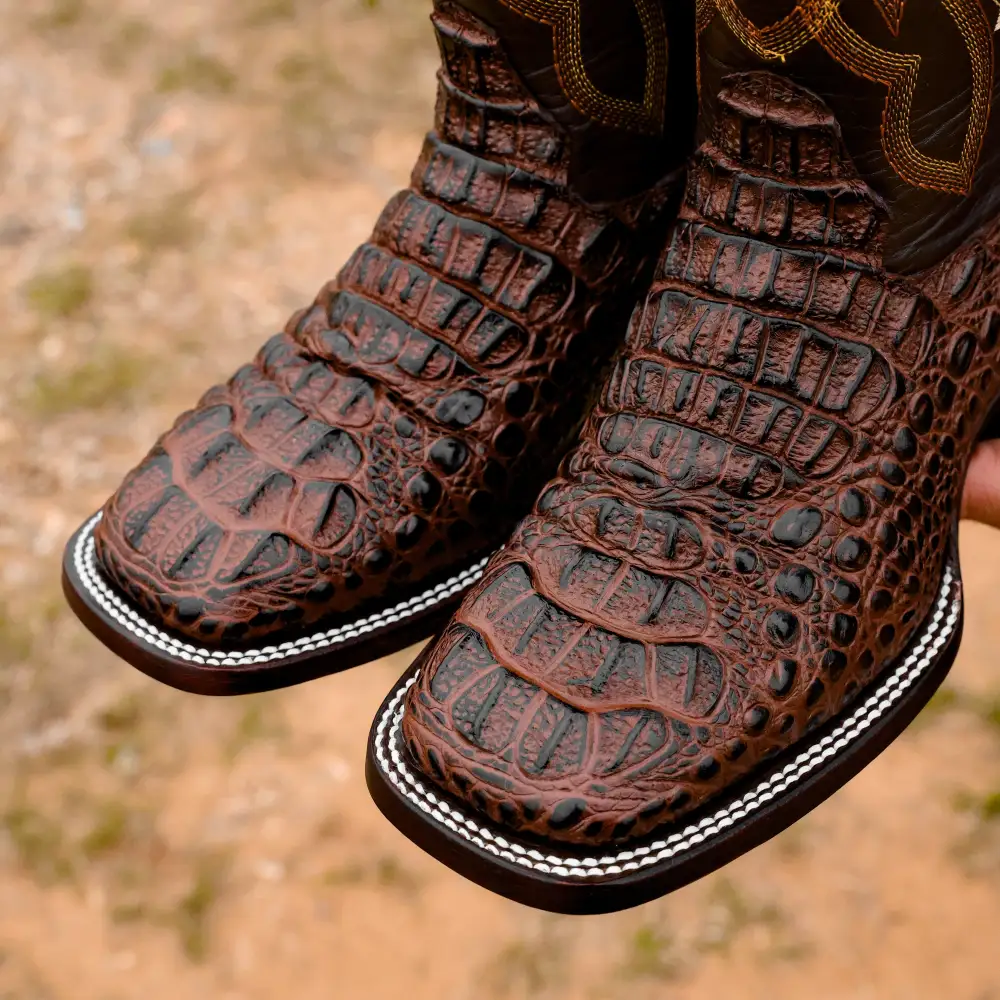 Chocolate Brown Caiman Neck Leather Boots - Square Toe
