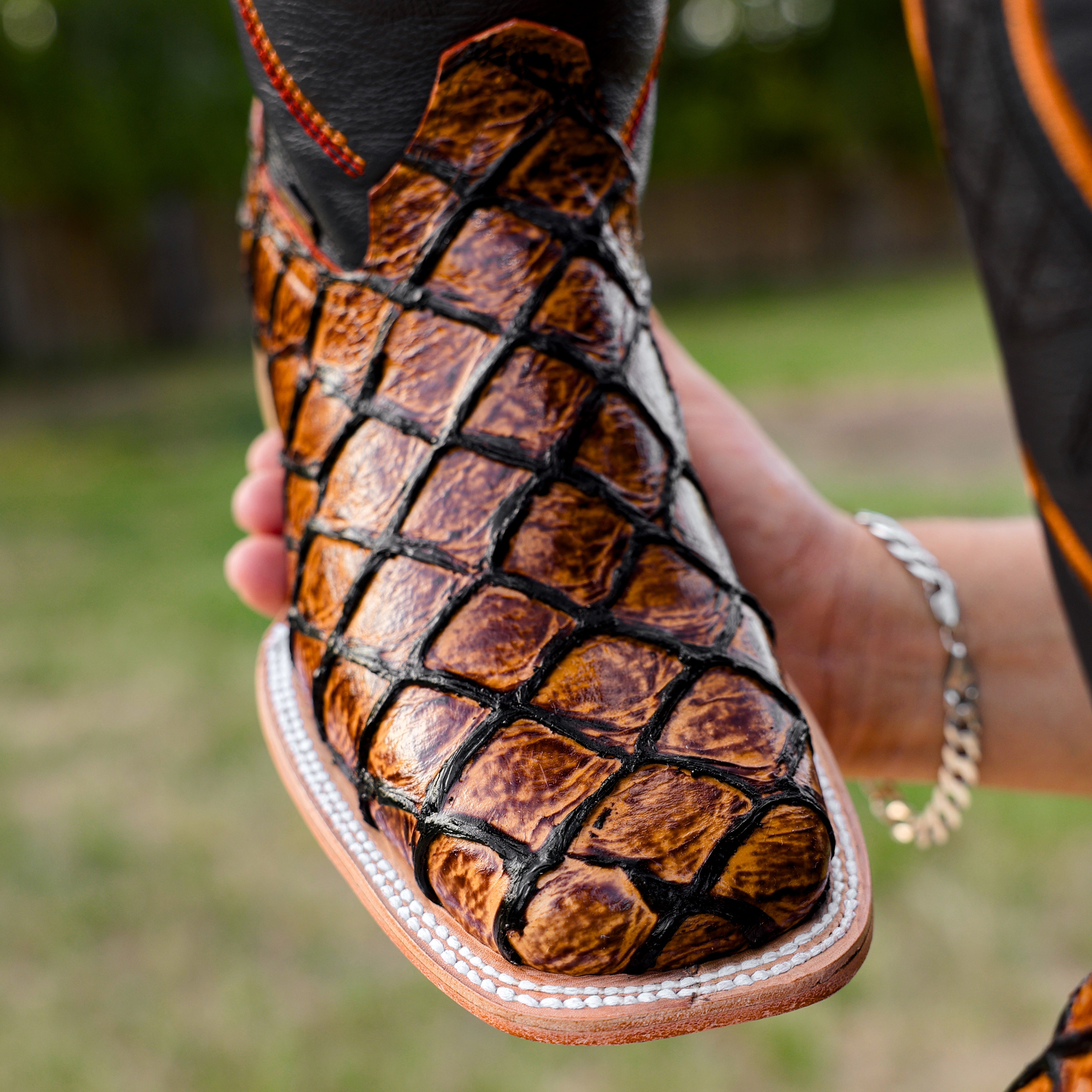 Cognac Pirarucu Leather Boots - Square Toe