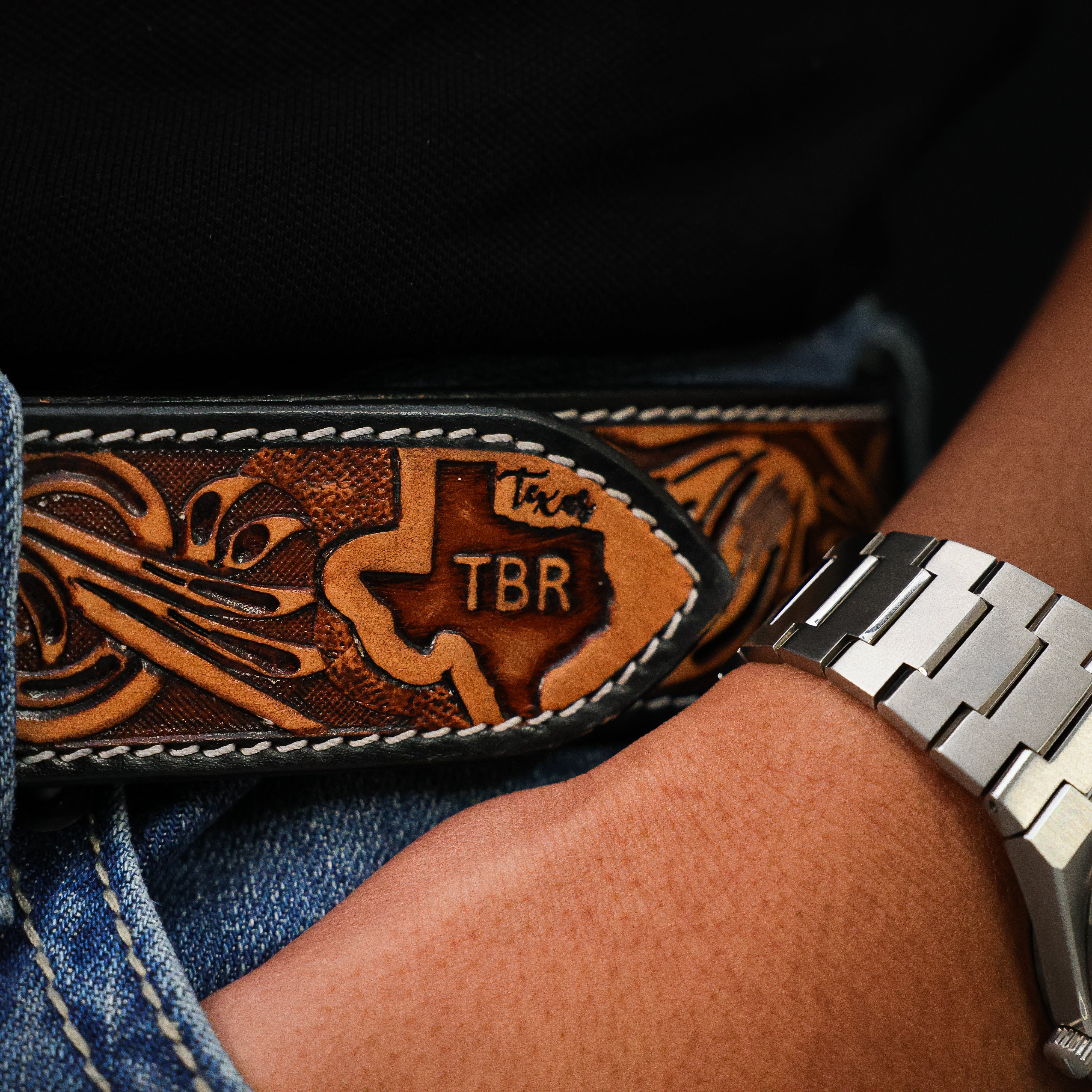 Hand-Tooled Artesanal Beaded Leather Belt