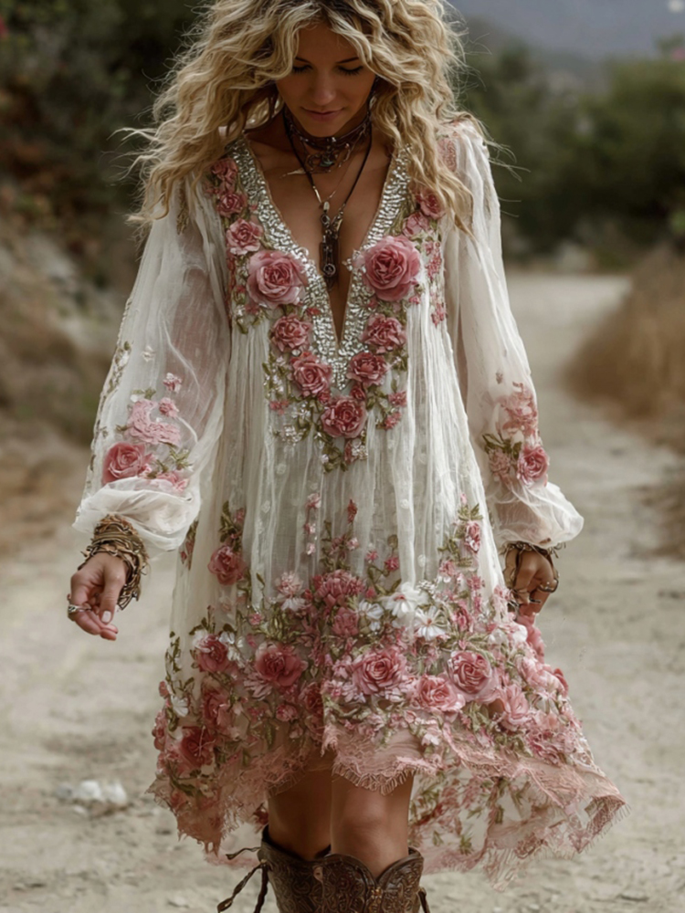 Women's Vintage Floral Embroidery Art V-neck Long Sleeve Mini Dress