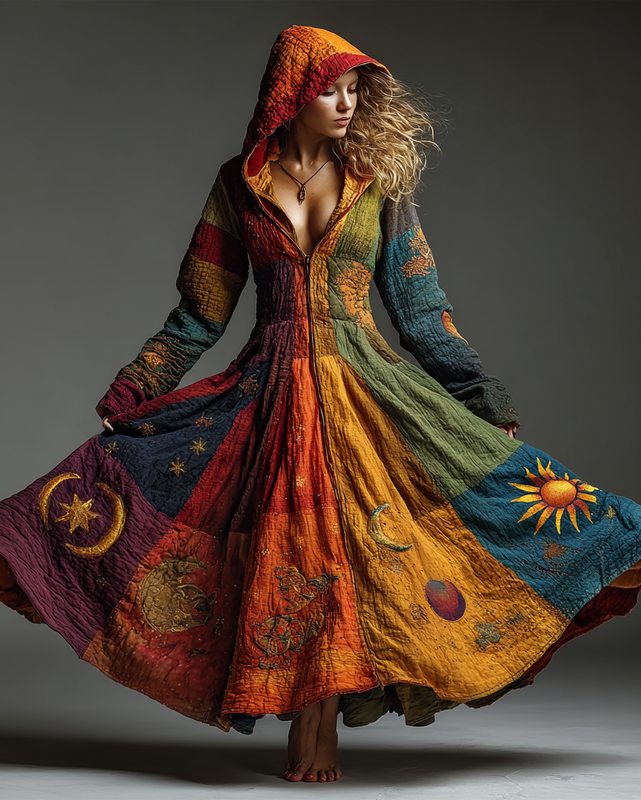 Women's 3D star and moon embroidery rainbow color contrast stitching cotton and linen cape-style hooded Kaftan e08e