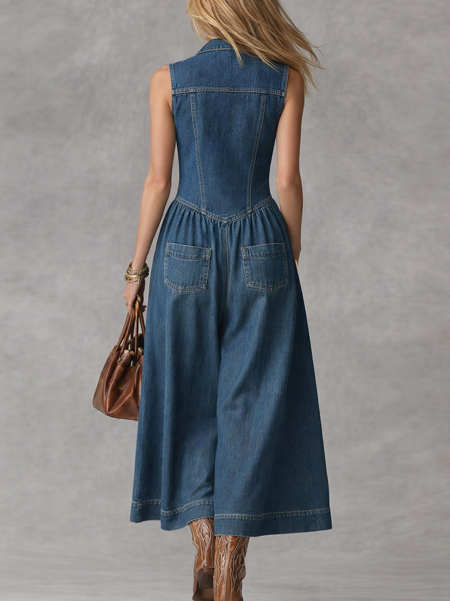 Women's Sleeveless Casual Loose Denim Wide-leg Jumpsuit With Lapel Collar